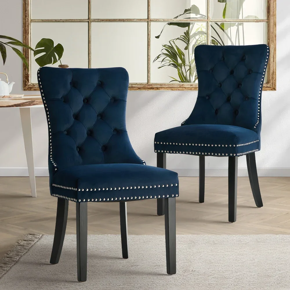 2x Velvet Dining Chairs Upholstered French Tufted Blue - Image 2