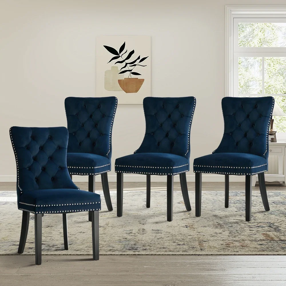 4x Velvet Dining Chairs Upholstered French Tufted Blue - Image 2