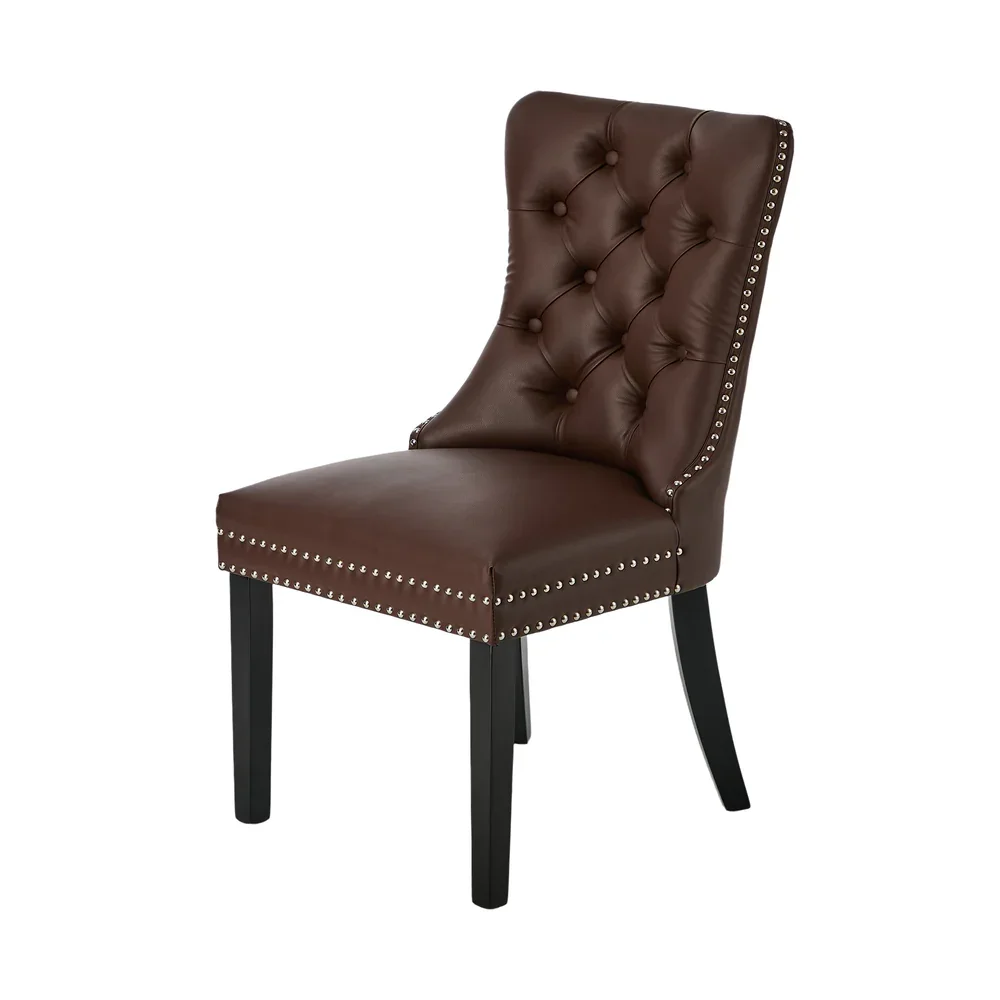 2x Dining Chairs Upholstered French Tufted PU Leather Brown - Image 4