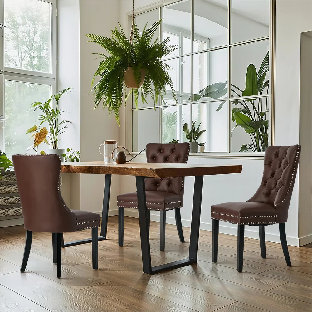 2x Dining Chairs Upholstered French Tufted PU Leather Brown - Image 8