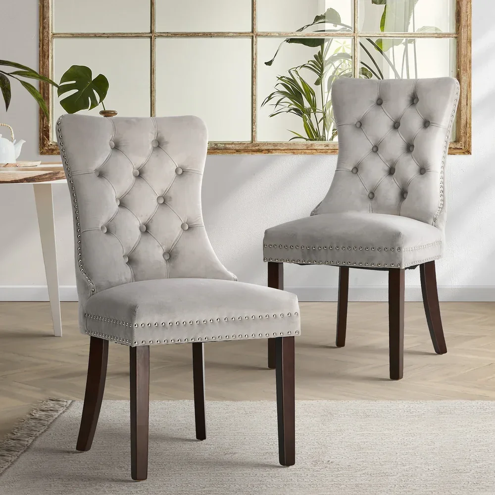 2x Velvet Dining Chairs Upholstered French Tufted Light Grey - Image 2