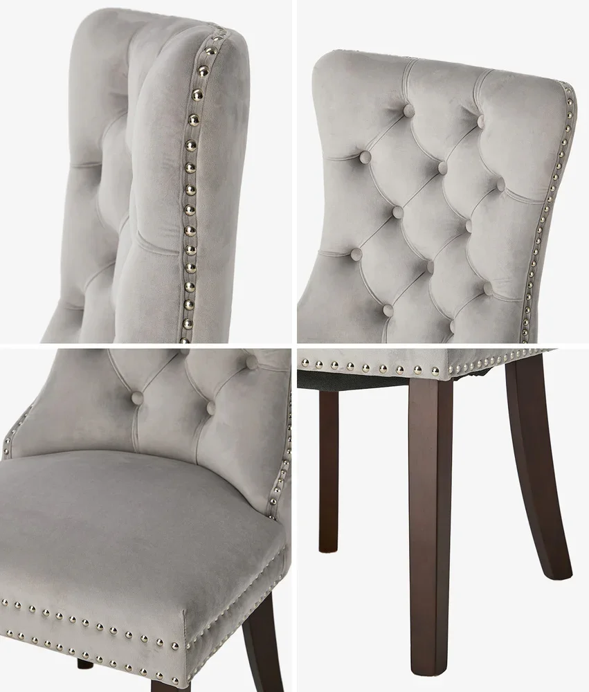4x Velvet Dining Chairs Upholstered French Tufted Light Grey - Image 8