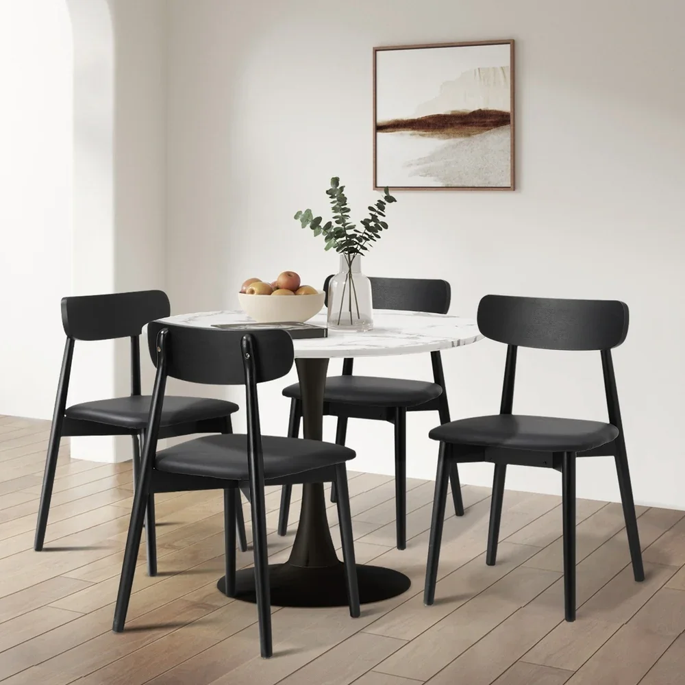 4x Dining Chairs PU Leather Solid Wood Black - Image 4