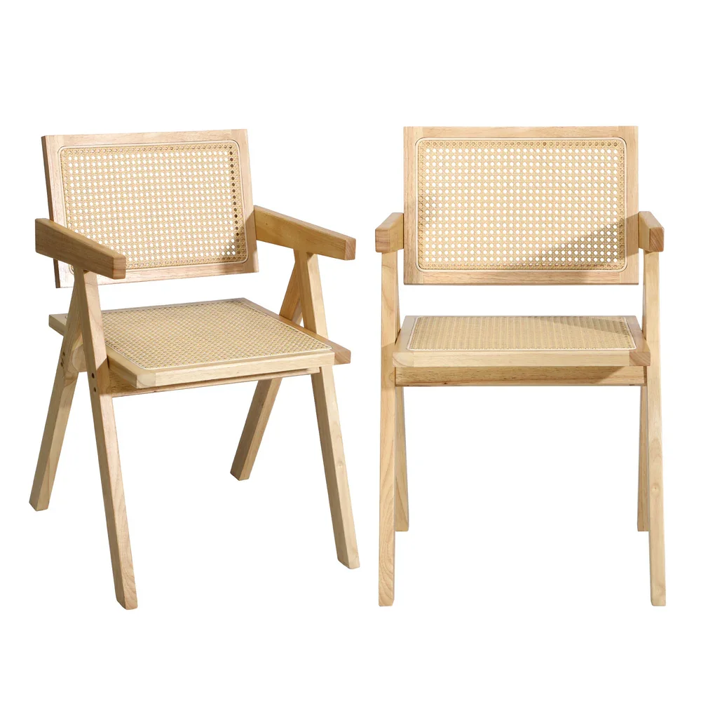 4x Wooden Dining Chairs Rattan Natural - Image 2