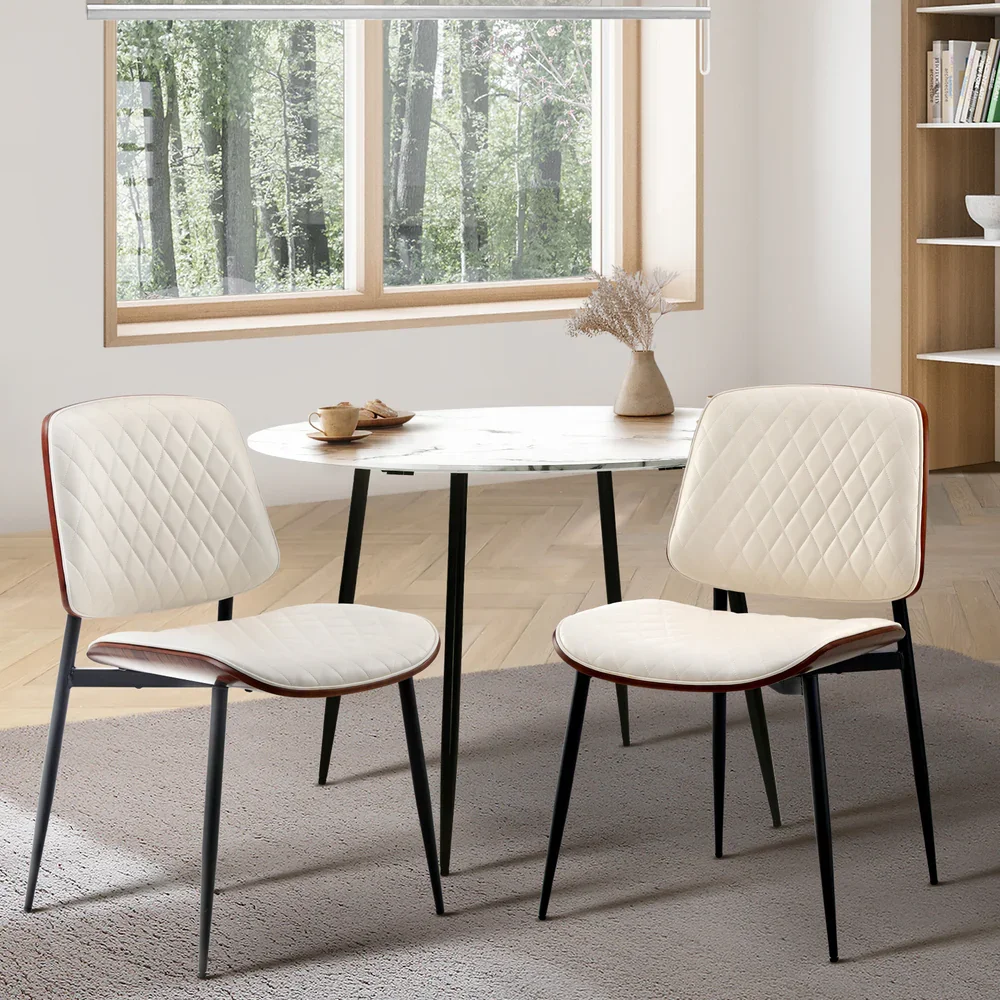 2x Dining Chairs PU Leather Wood Frame Metal Legs White - Image 4