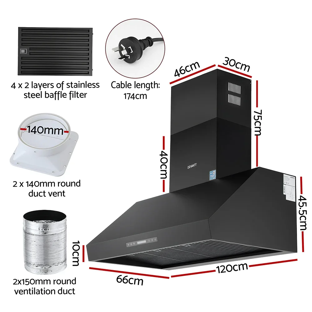 1200mm Commercial BBQ Range Hood Dual Motor W/ Remote Control Black - Image 3