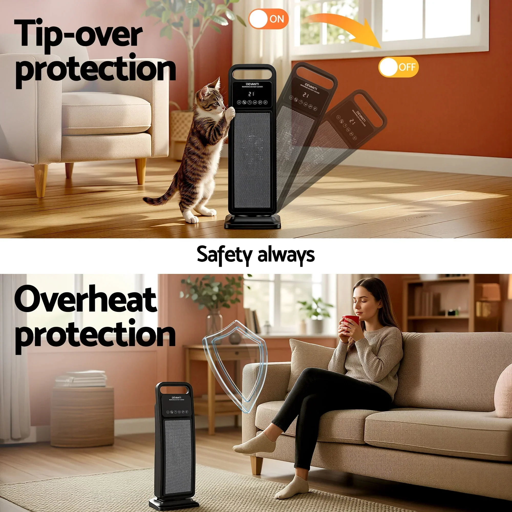2000W Ceramic Tower Heater Space Heaters Indoor Oscillating Black - Image 6