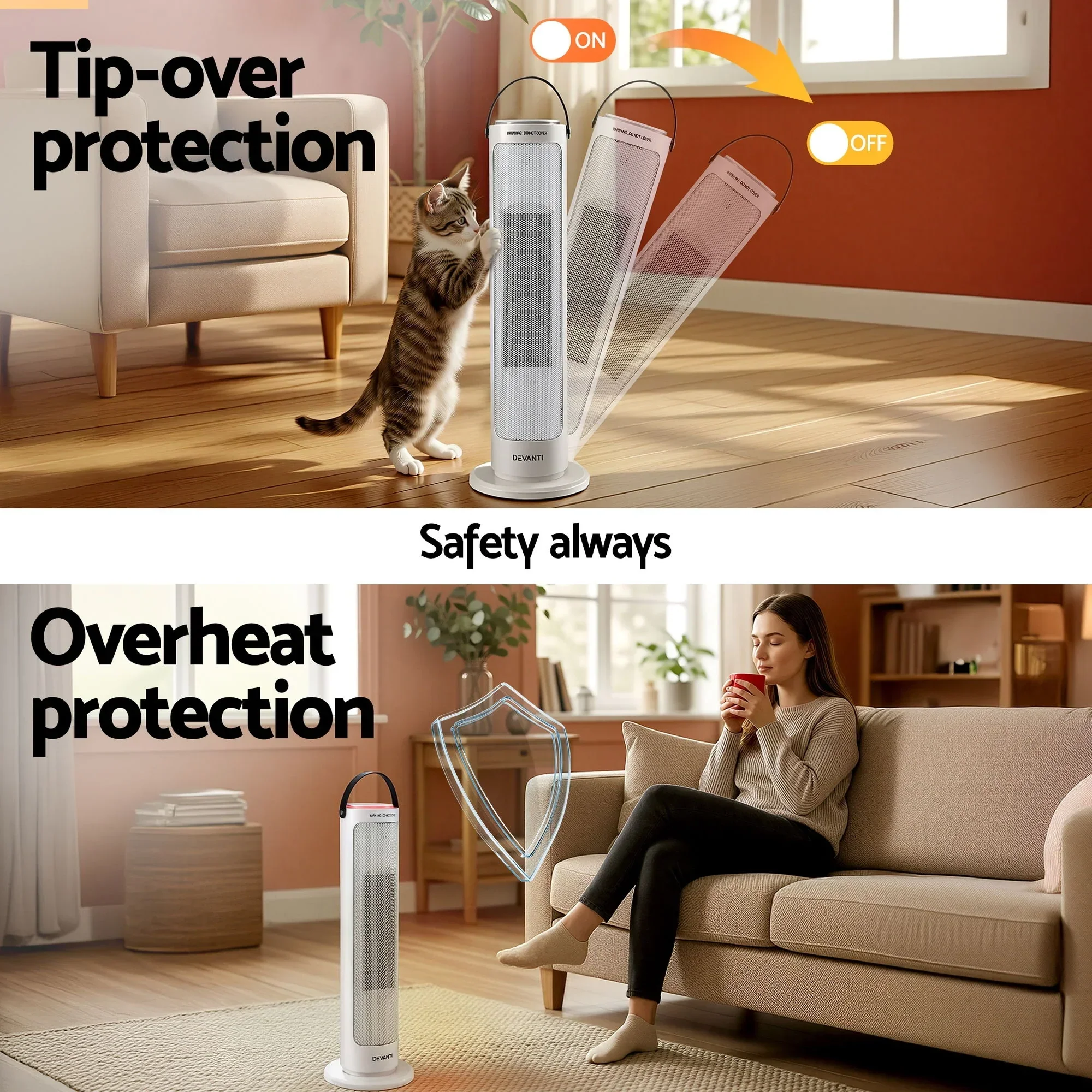 2000W Ceramic Tower Heater Space Heaters Oscillating Indoor White - Image 6