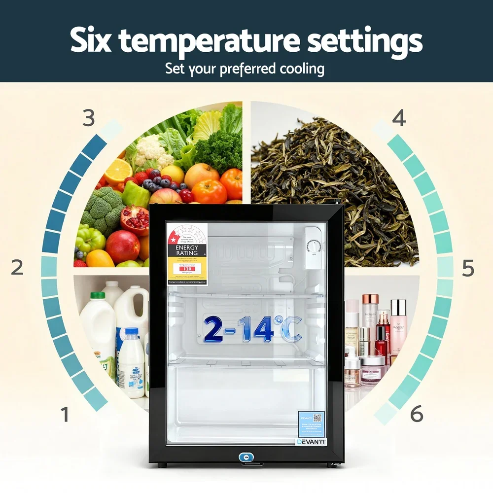 56L Bar Fridge Glass Door Mini Fridge Countertop Cooler Black - Image 2
