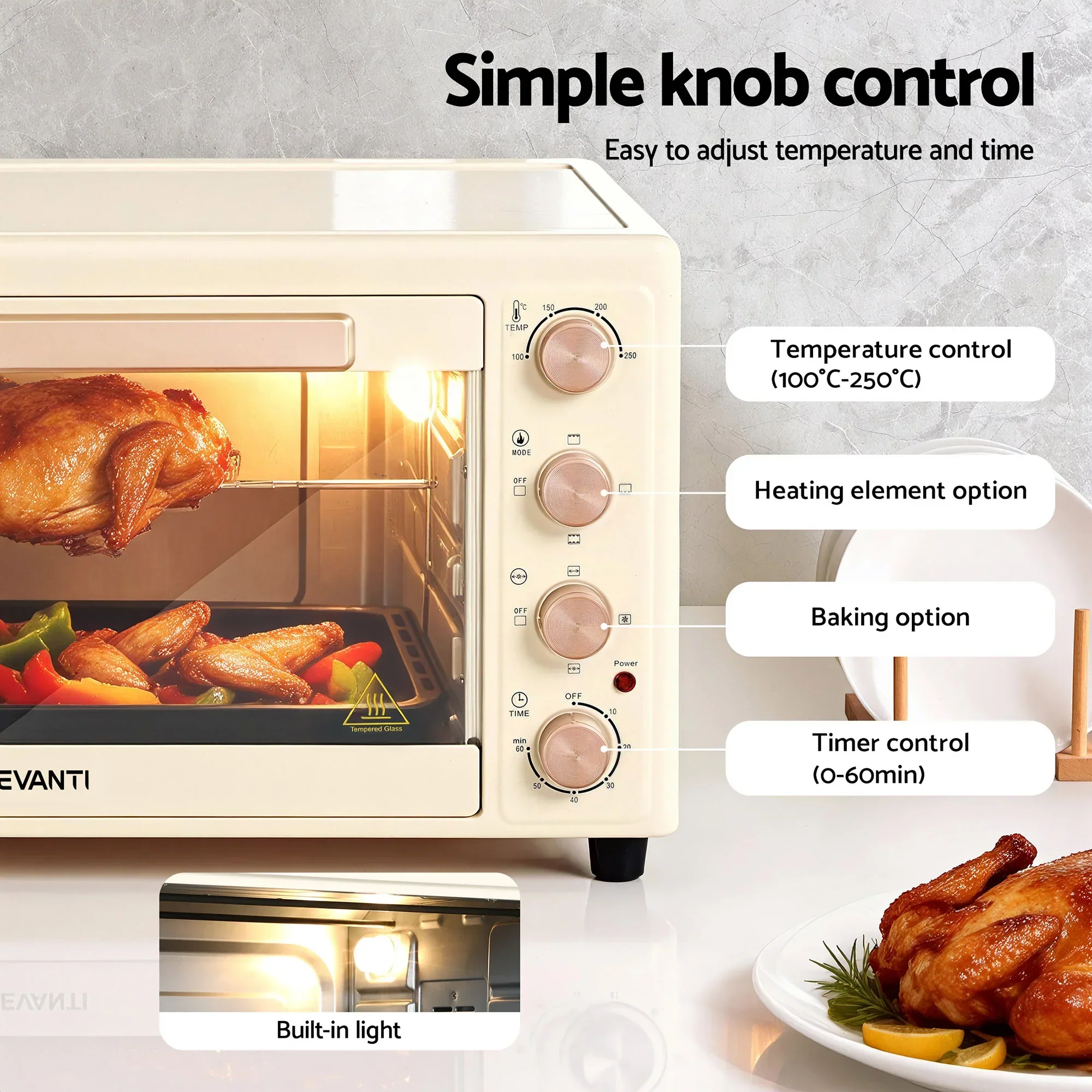 60L Convection Oven Electric Fryer Ovens 2000W Cream - Image 5