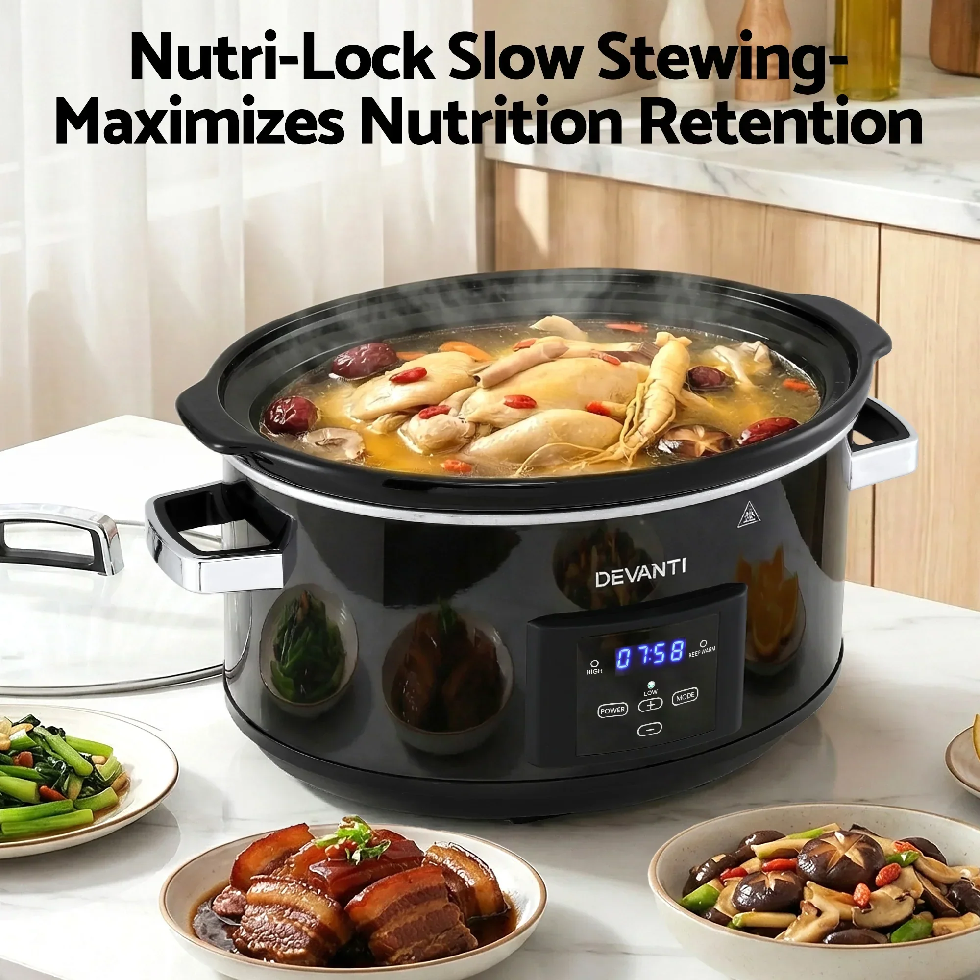 8L Slow Cooker Electric Multi Cooker with 3 Heat Settings and Keep Warm Function - Image 2