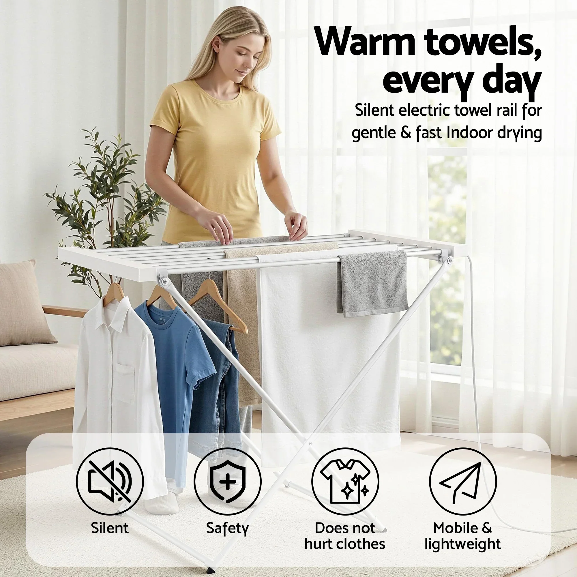 Heated Towel Rail Electric Clothes Airer Foldable Drying Rack 8 Bars - Image 5