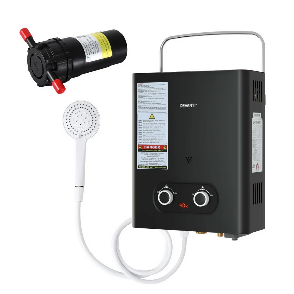 Portable Gas Water Heater LPG-powered System Black With Pump