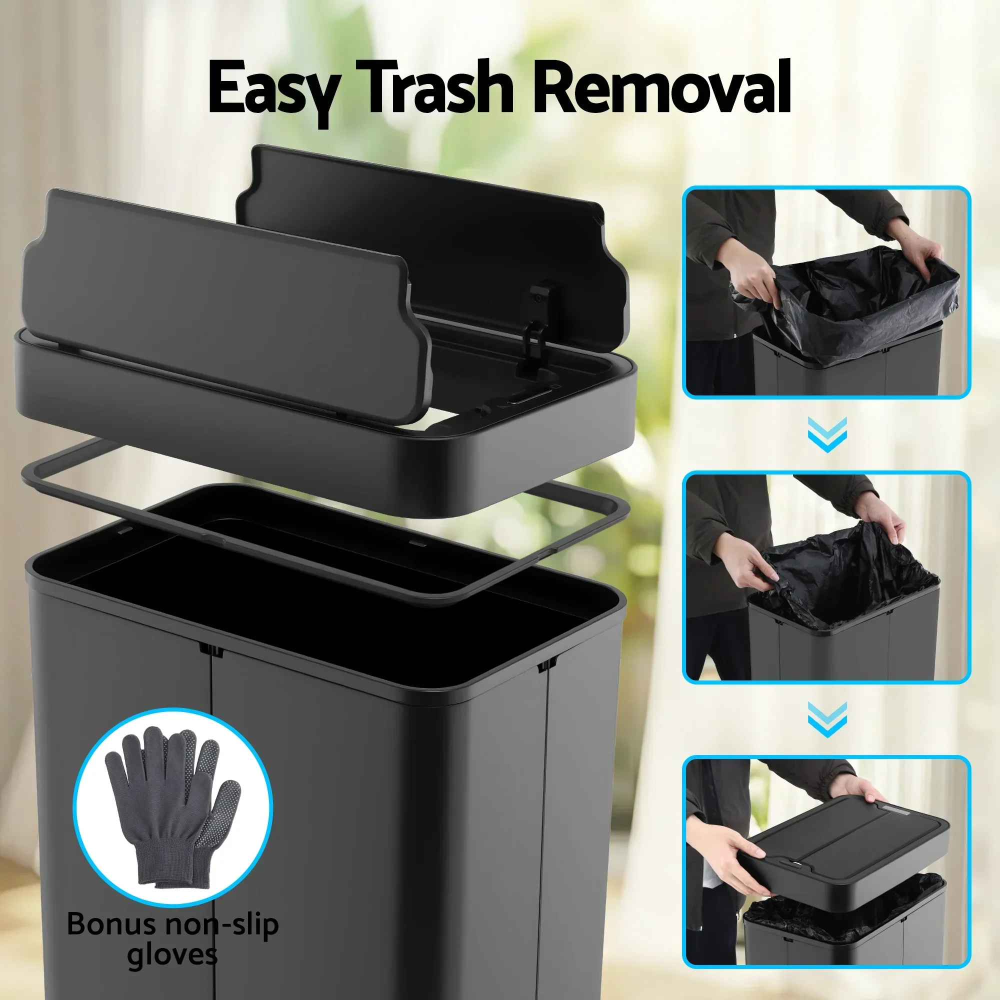 Rubbish Bin 70L Automatic Sensor Kitchen Bin, Slim Smart Garbage Can Touchless Rectangular with Liner Holder, Fully Closed Lid for Bedroom, Bathroom, Living Room, Black - Image 3