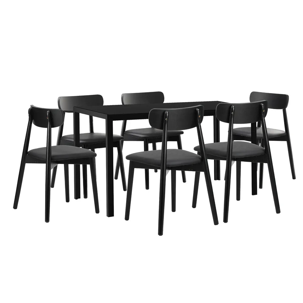 1.4m Dining Table with 6PCS Wooden Chairs Set PU Leather Black