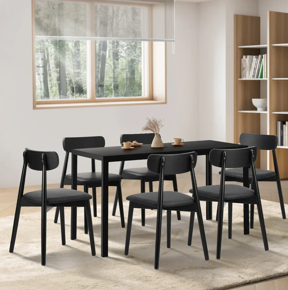 1.4m Dining Table with 6PCS Wooden Chairs Set PU Leather Black - Image 3