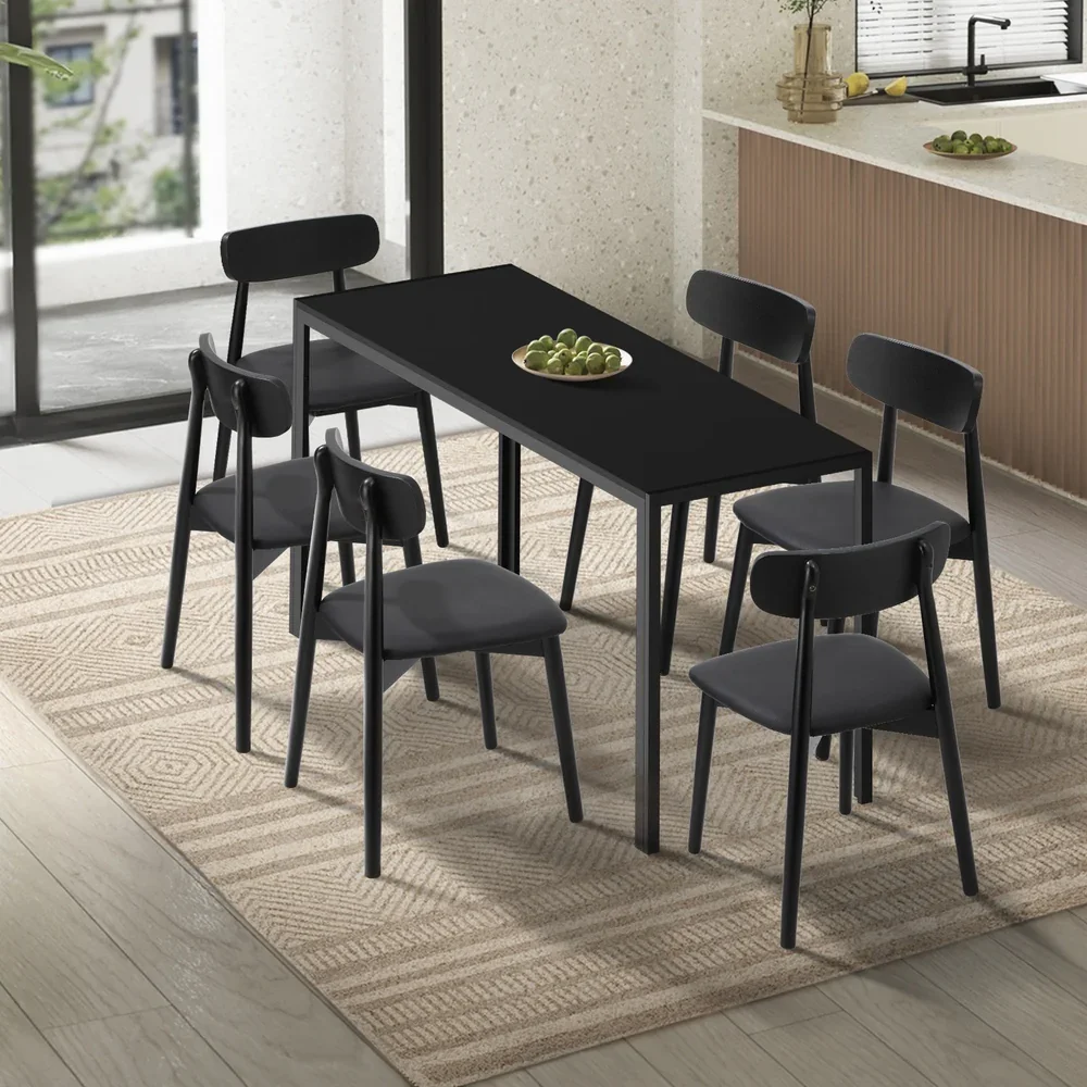 1.4m Dining Table with 6PCS Wooden Chairs Set PU Leather Black - Image 4