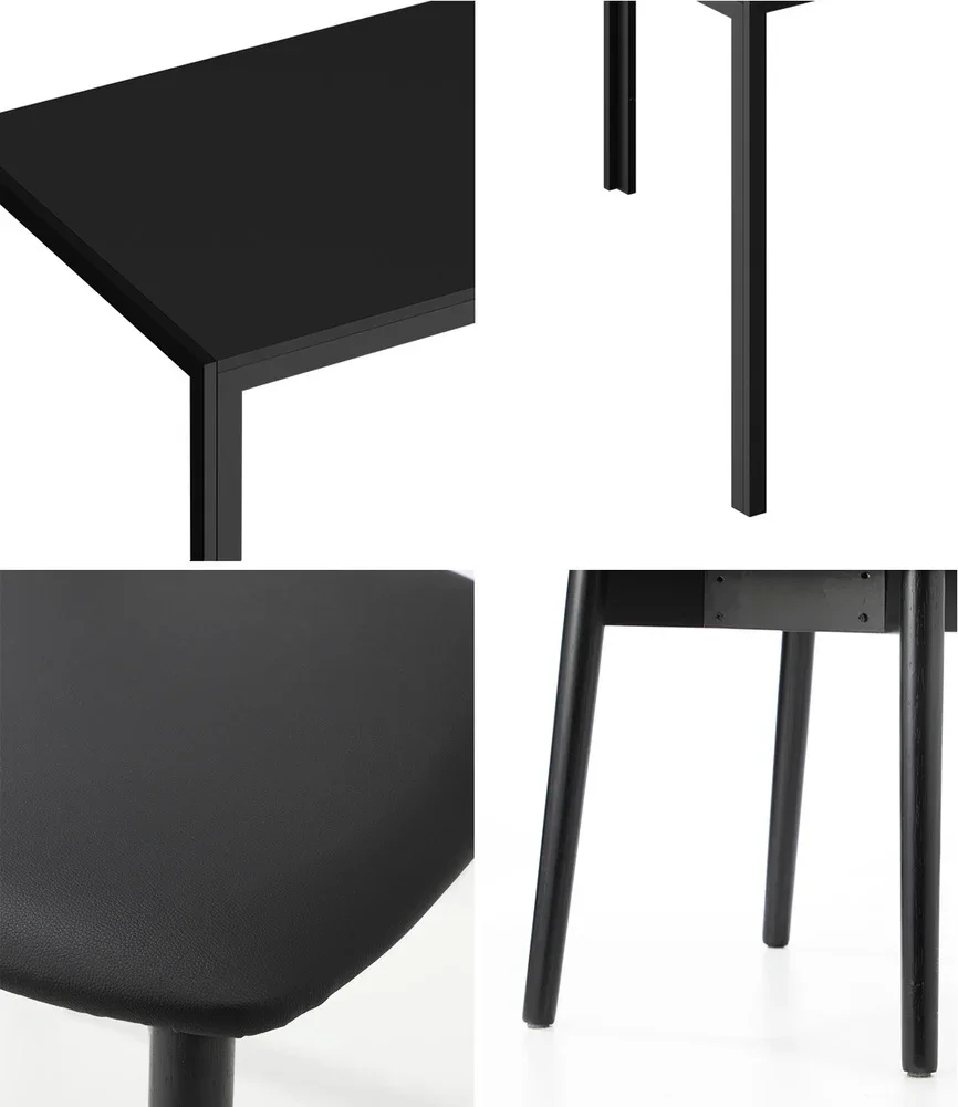 1.4m Dining Table with 6PCS Wooden Chairs Set PU Leather Black - Image 5