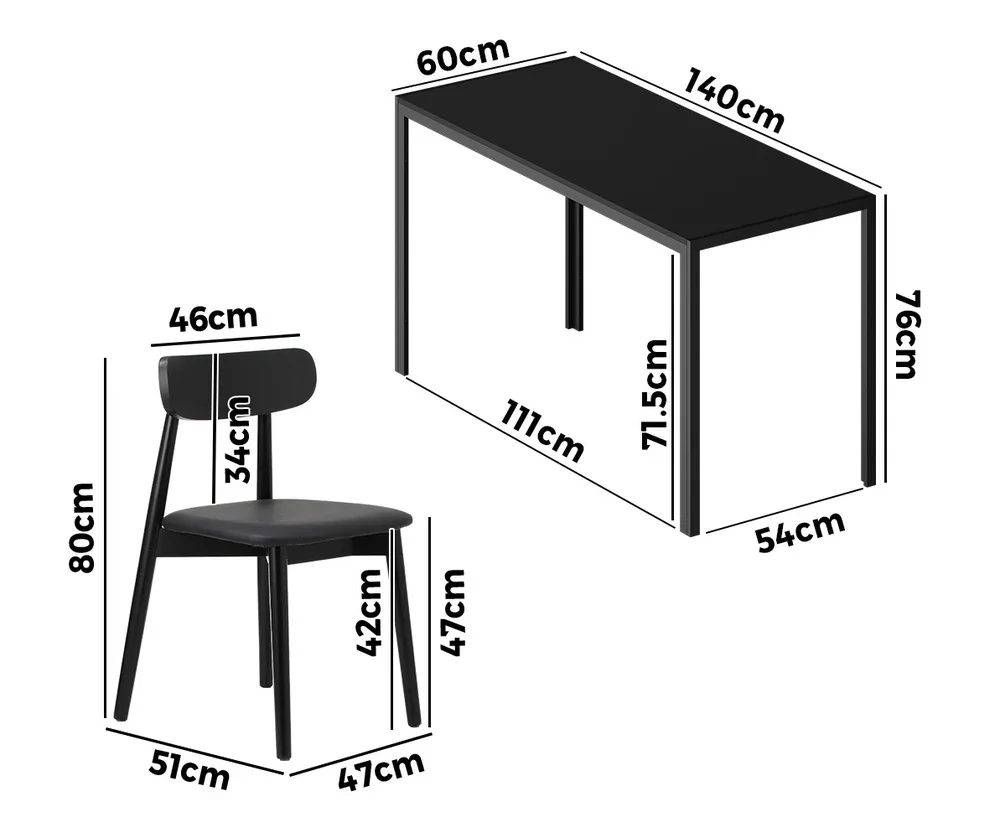1.4m Dining Table with 6PCS Wooden Chairs Set PU Leather Black - Image 6