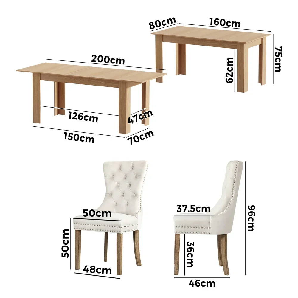 200cm Extendable Dining Table with 6PCS Dining Chairs Velvet Beige - Image 7