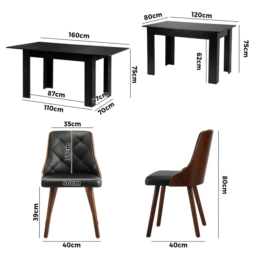 160cm Extendable Dining Table with 4PCS Chairs PU Leather - Image 3
