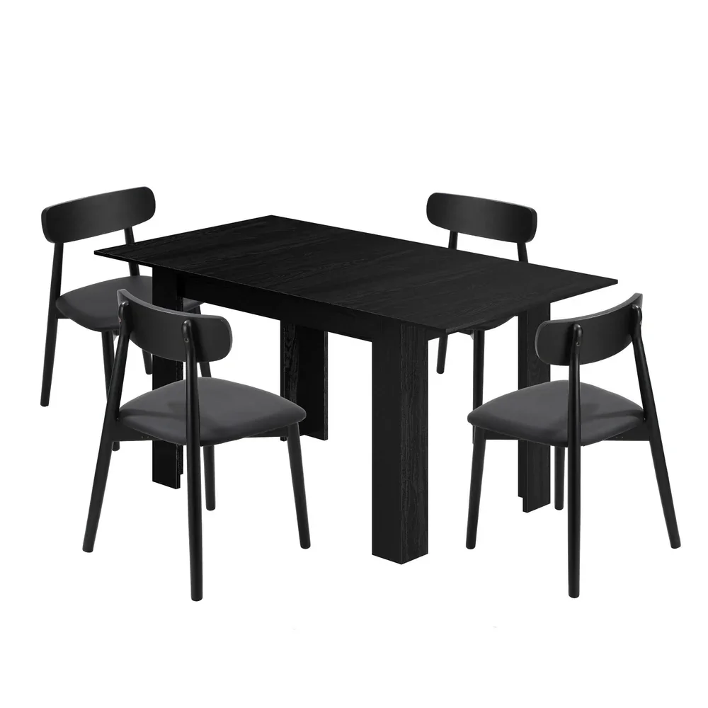 160cm Extendable Dining Table with 4x Dining Chairs PU Leather Black - Image 3