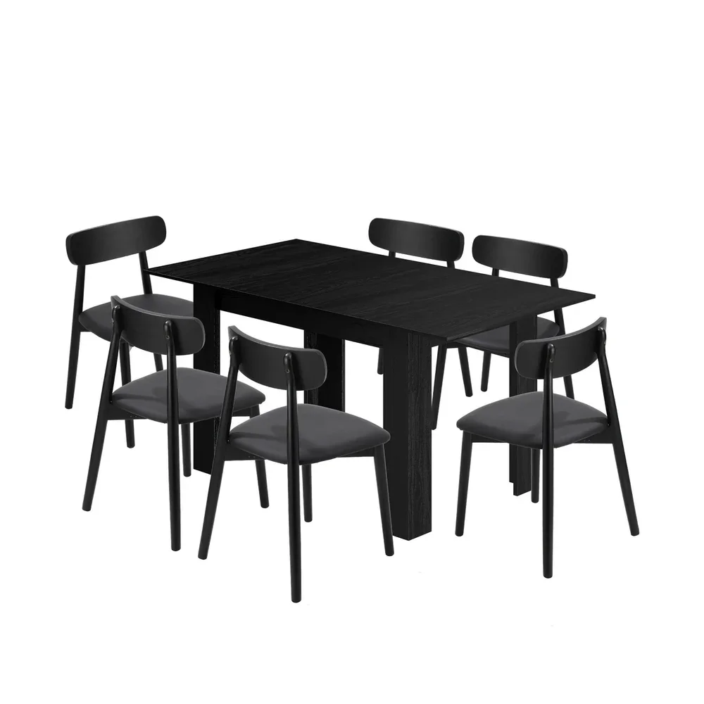 160cm Extendable Dining Table with 6x Dining Chairs PU Leather Black