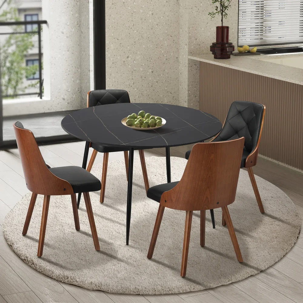 110cm Round Dining Table with 4 Chairs Faux Leather Black - Image 2