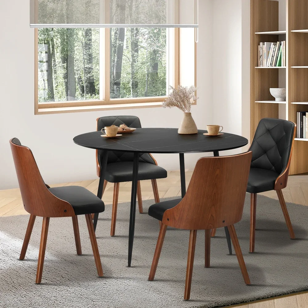 110cm Round Dining Table with 4 Chairs Faux Leather Black - Image 8