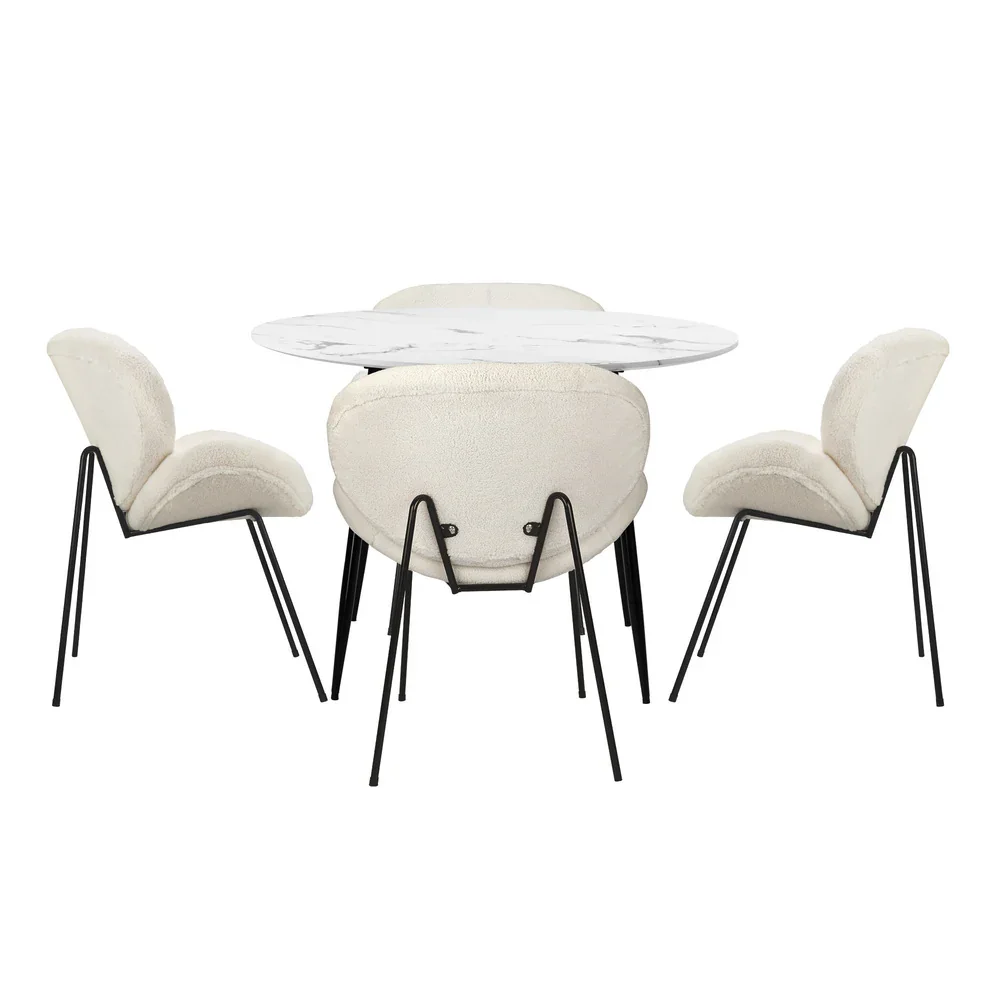110cm Round Dining Table with 4PCS Chairs White Sherpa - Image 6