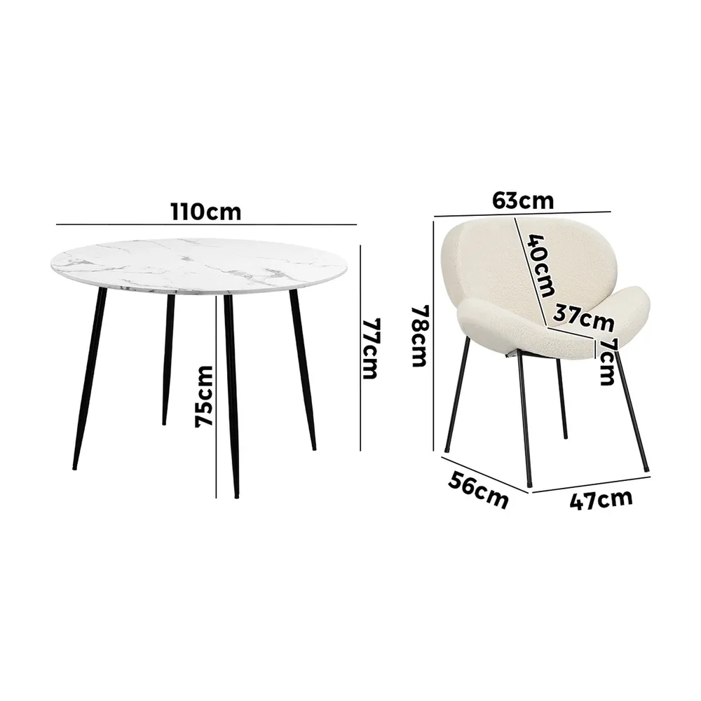 110cm Round Dining Table with 4PCS Chairs White Sherpa - Image 7