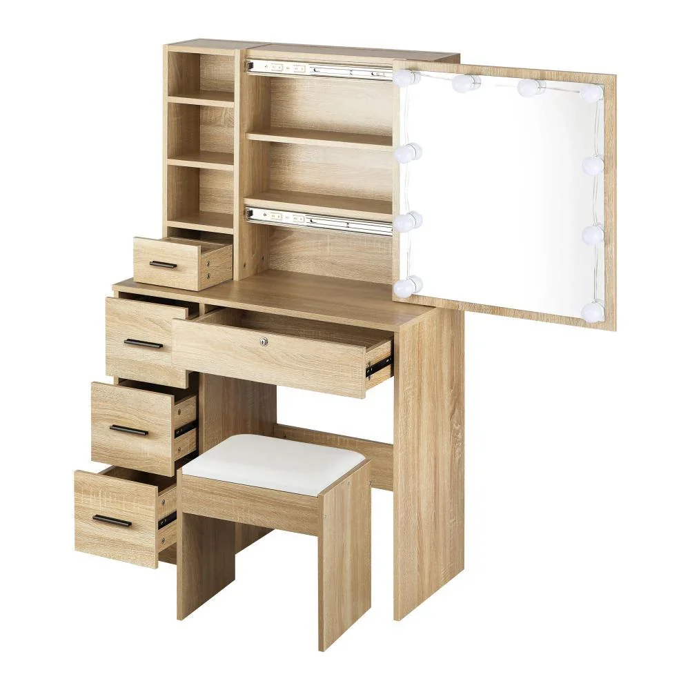 Dressing Table Stool Set with 10 Bulbs Mirror Wooden - Image 3