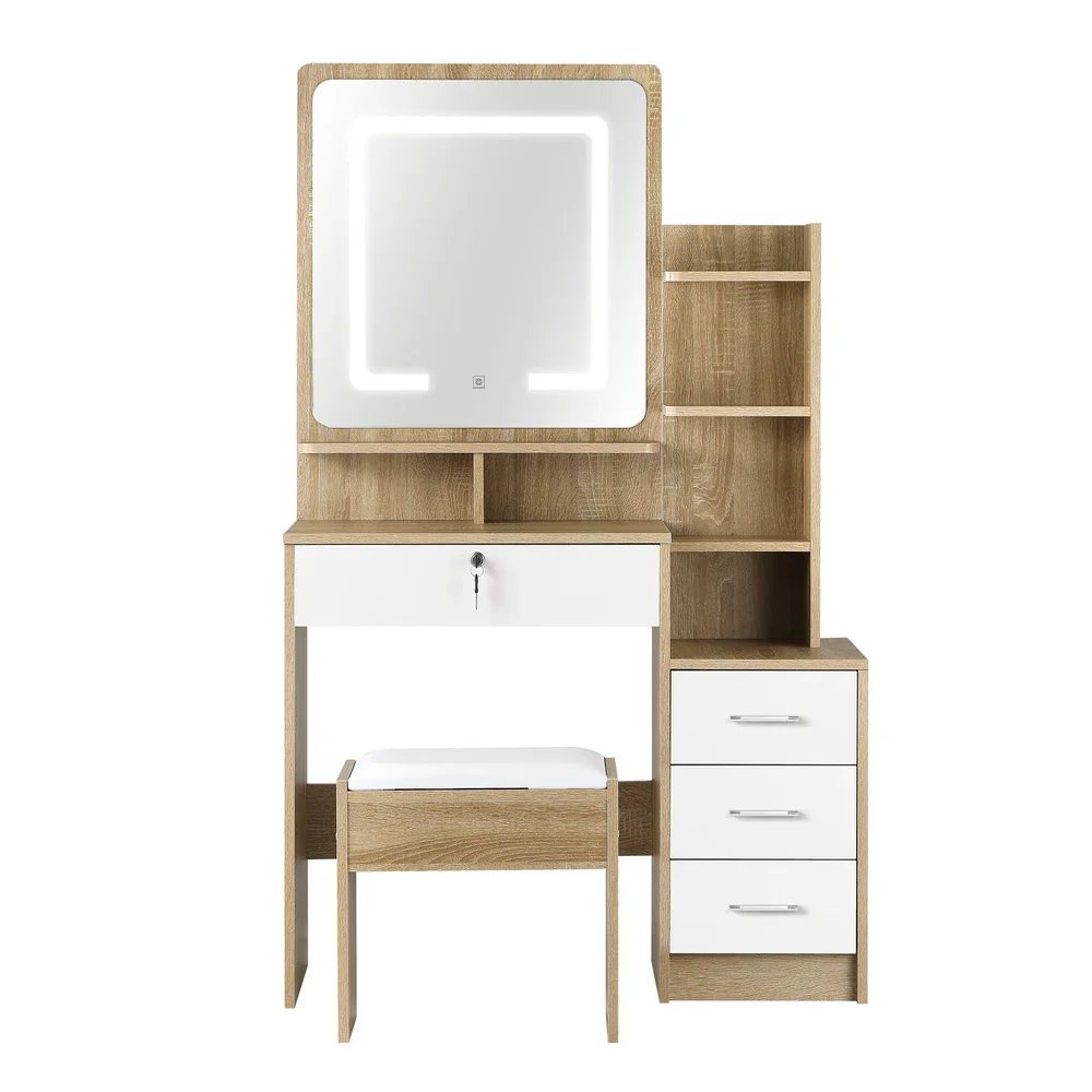 Dressing Table Stool Set LED Light Mirror Wooden White - Image 5