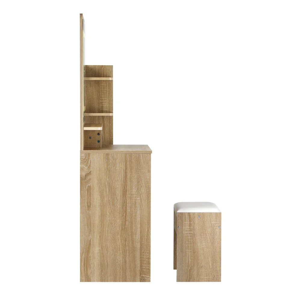 Dressing Table Stool Set LED Light Mirror Wooden White - Image 6
