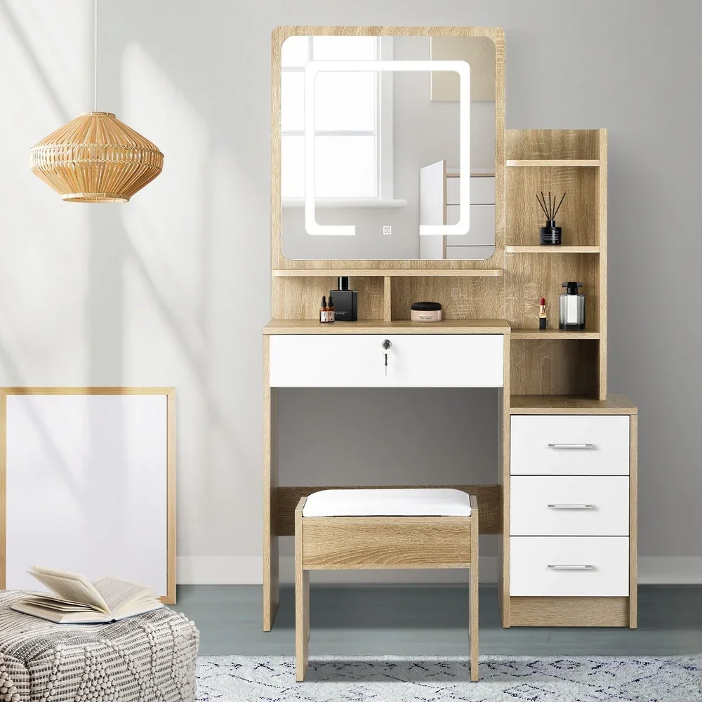 Dressing Table Stool Set LED Light Mirror Wooden White - Image 8
