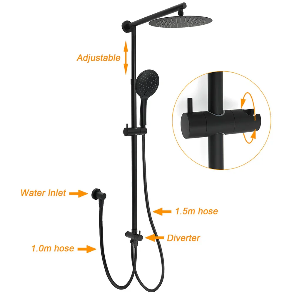 Dual Black Round Shower Set 10" Rain Head 3 Mode Handheld Sliding Rail Arm Twin Taps - Image 2