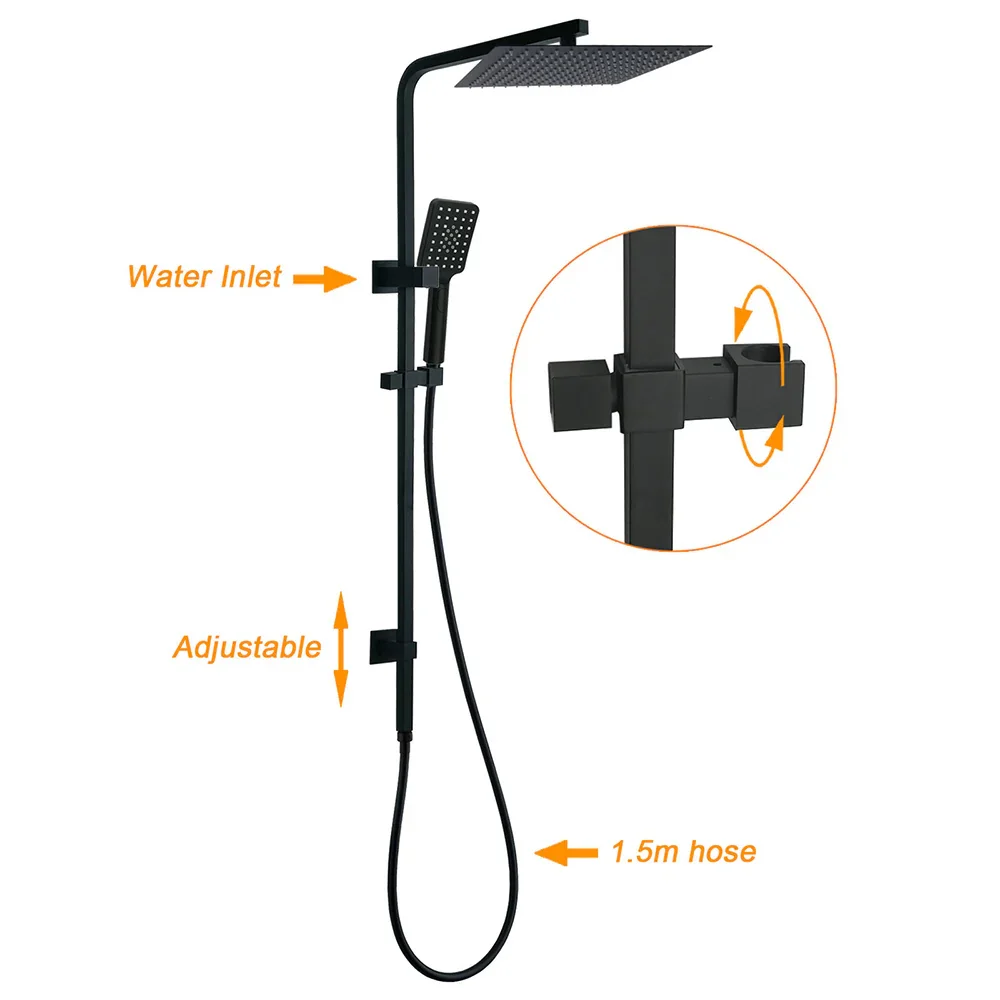 Dual Shower Square Large 12" Rainfall Head 3 Modes Handheld Wall Rail Matt Black - Image 2