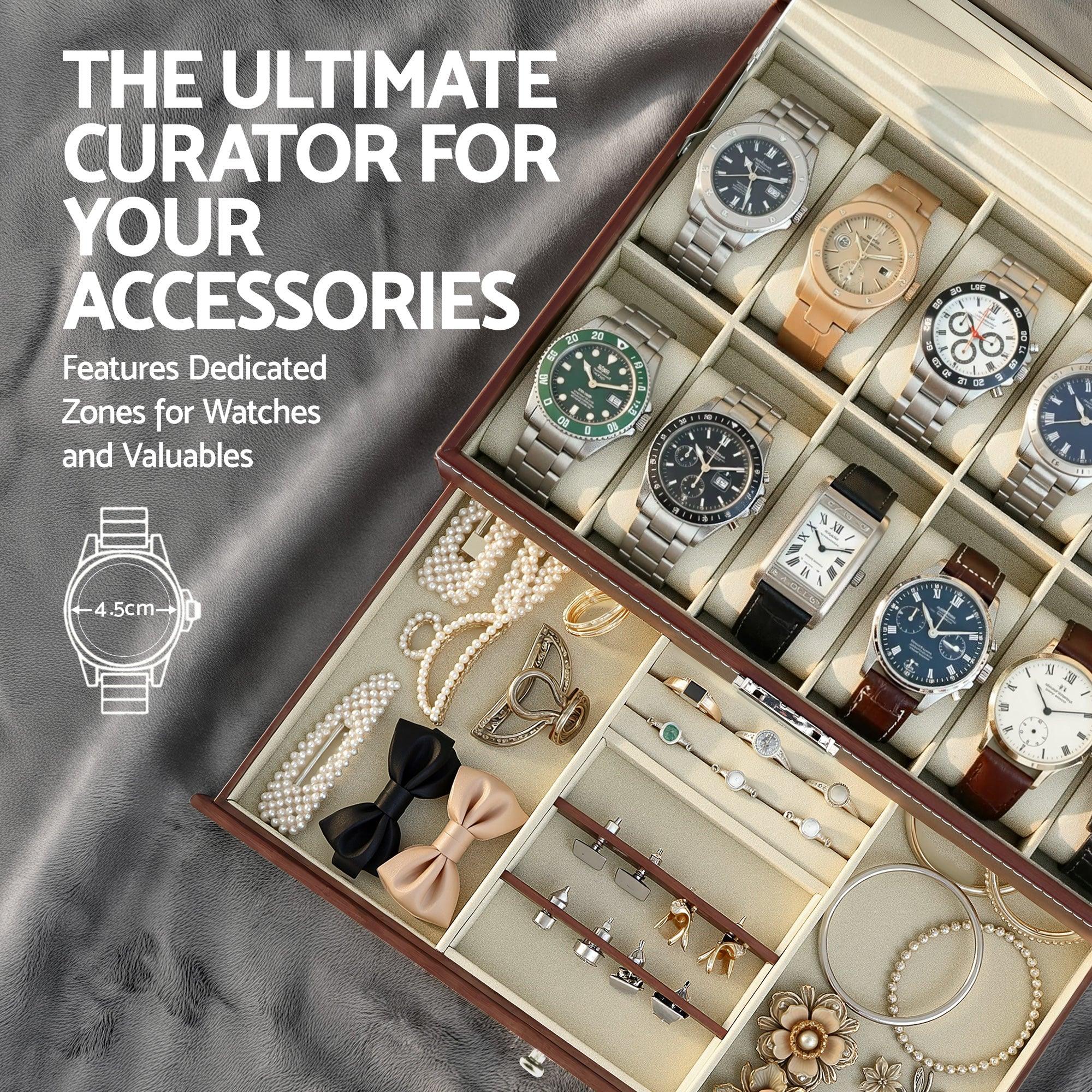 12 Grids Watch Box Organizer Case Jewelry Display Storage Showcase Brown - Image 5