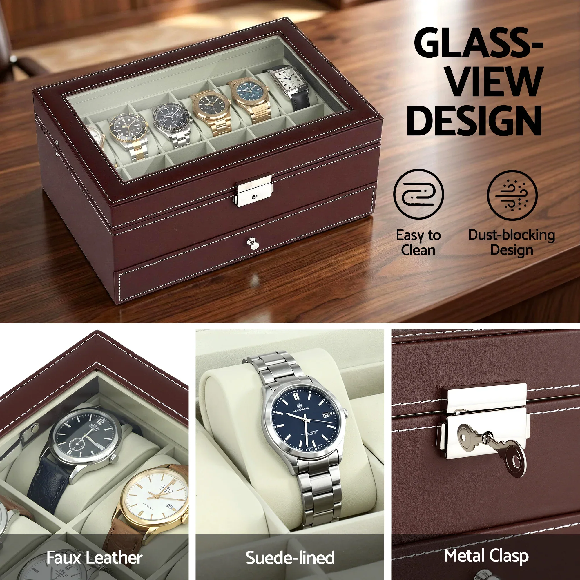 12 Grids Watch Box Organizer Case Jewelry Display Storage Showcase Brown - Image 6