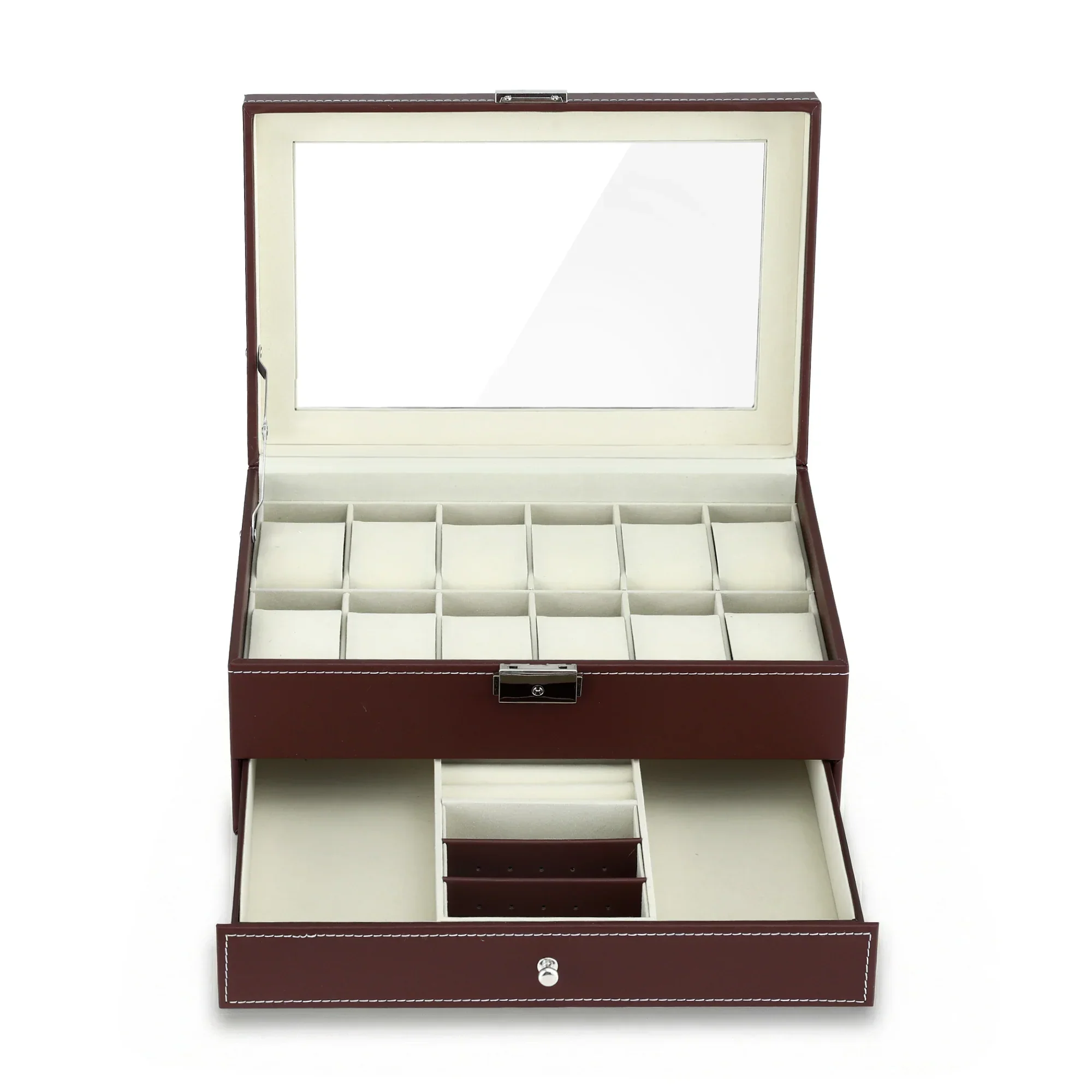 12 Grids Watch Box Organizer Case Jewelry Display Storage Showcase Brown - Image 8