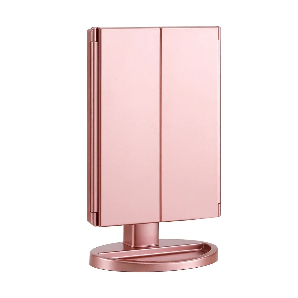 Tri-fold Makeup Mirror 1X2X3X Magnifying with LED Light Travel Portable Pink - Image 3