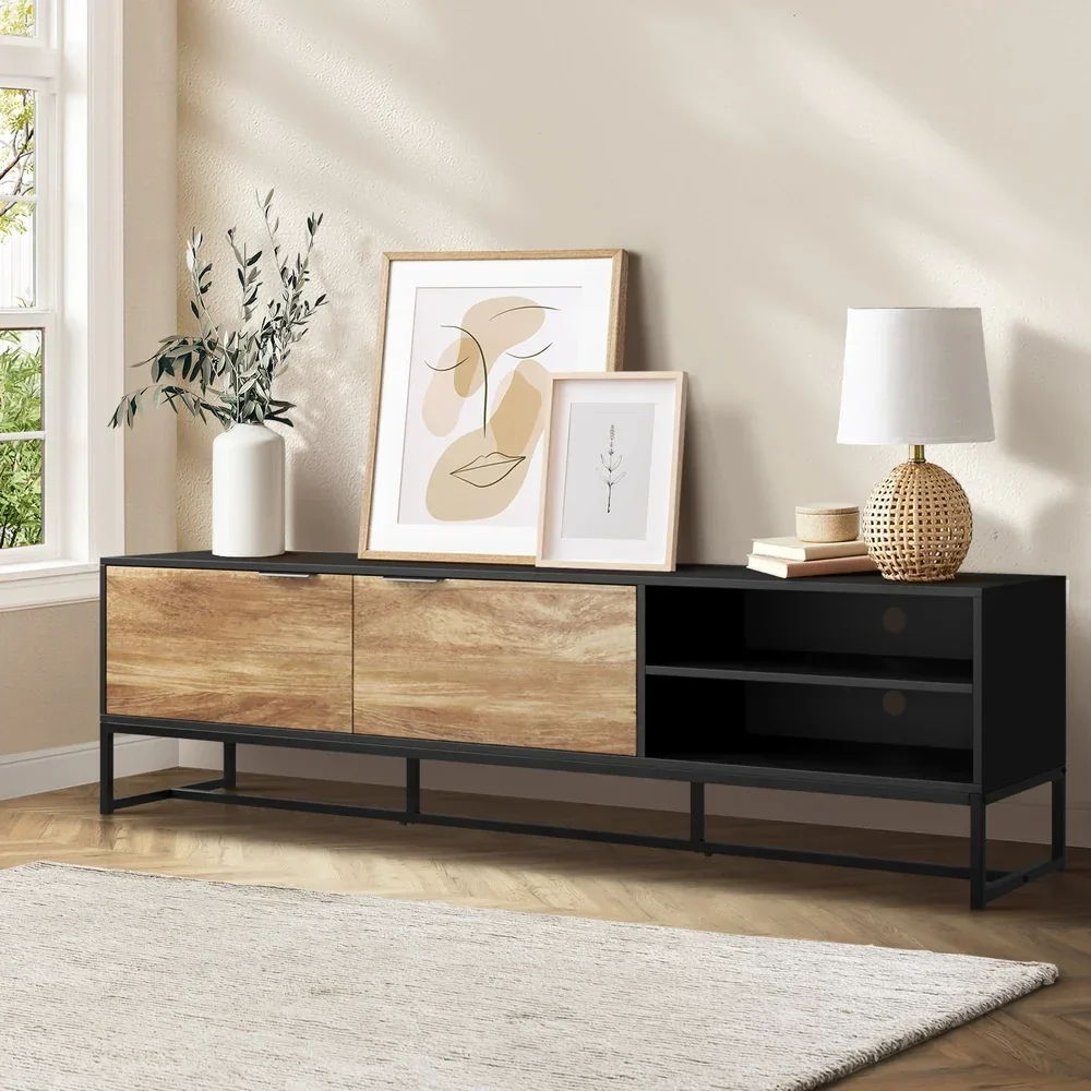 TV Stand Cabinet Entertainment Unit 180cm Black&Natural - Image 4