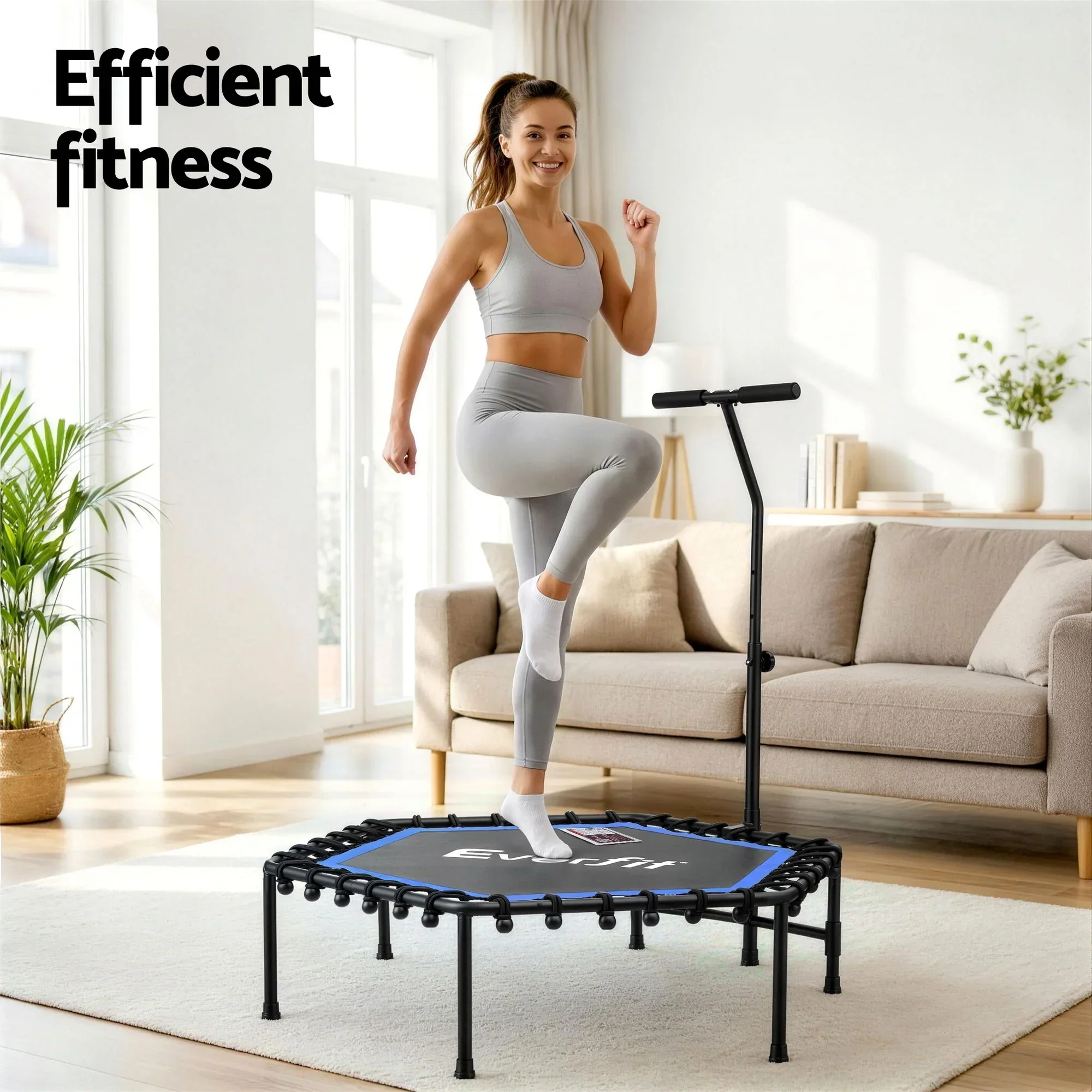 48inch Hexagon Fitness Trampoline Rebounder Adjustable Handrail Blue - Image 4