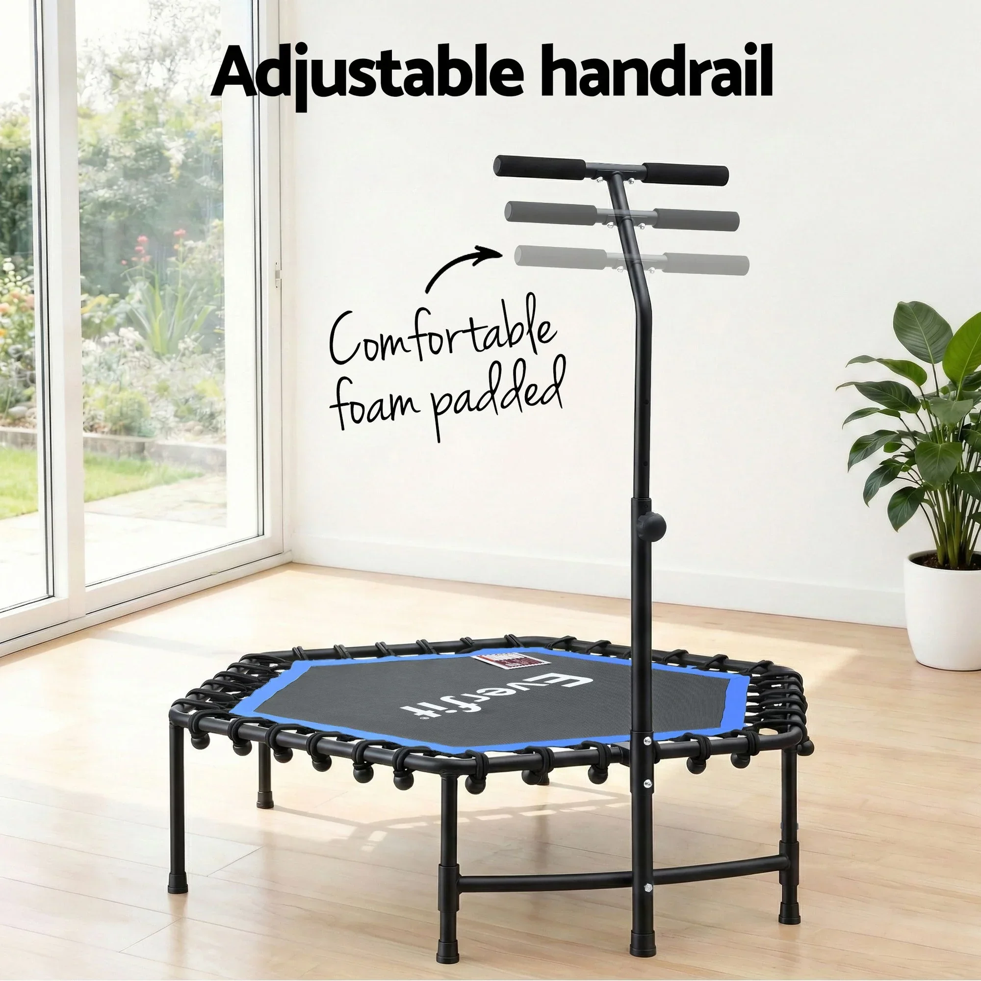 48inch Hexagon Fitness Trampoline Rebounder Adjustable Handrail Blue - Image 5