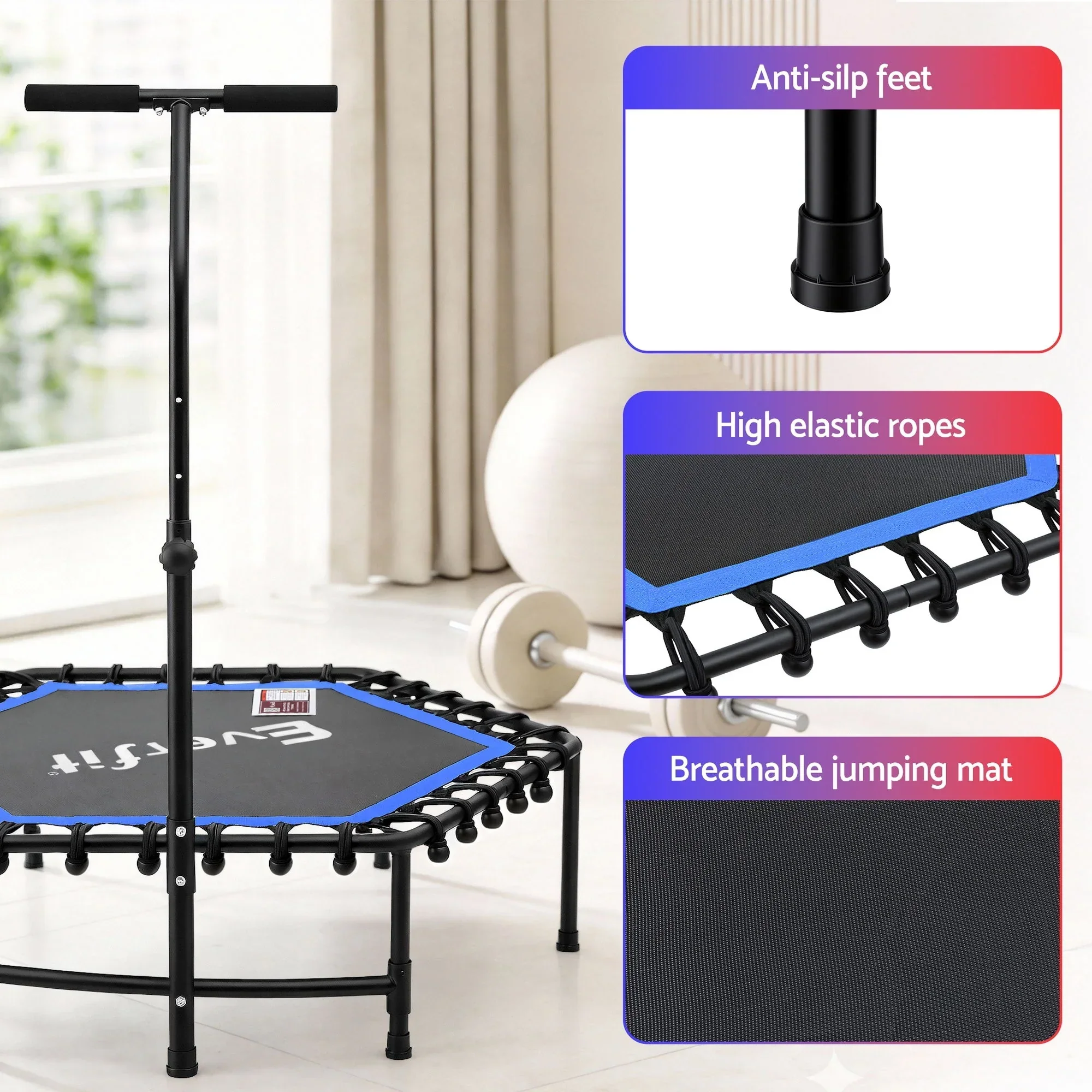 48inch Hexagon Fitness Trampoline Rebounder Adjustable Handrail Blue - Image 6