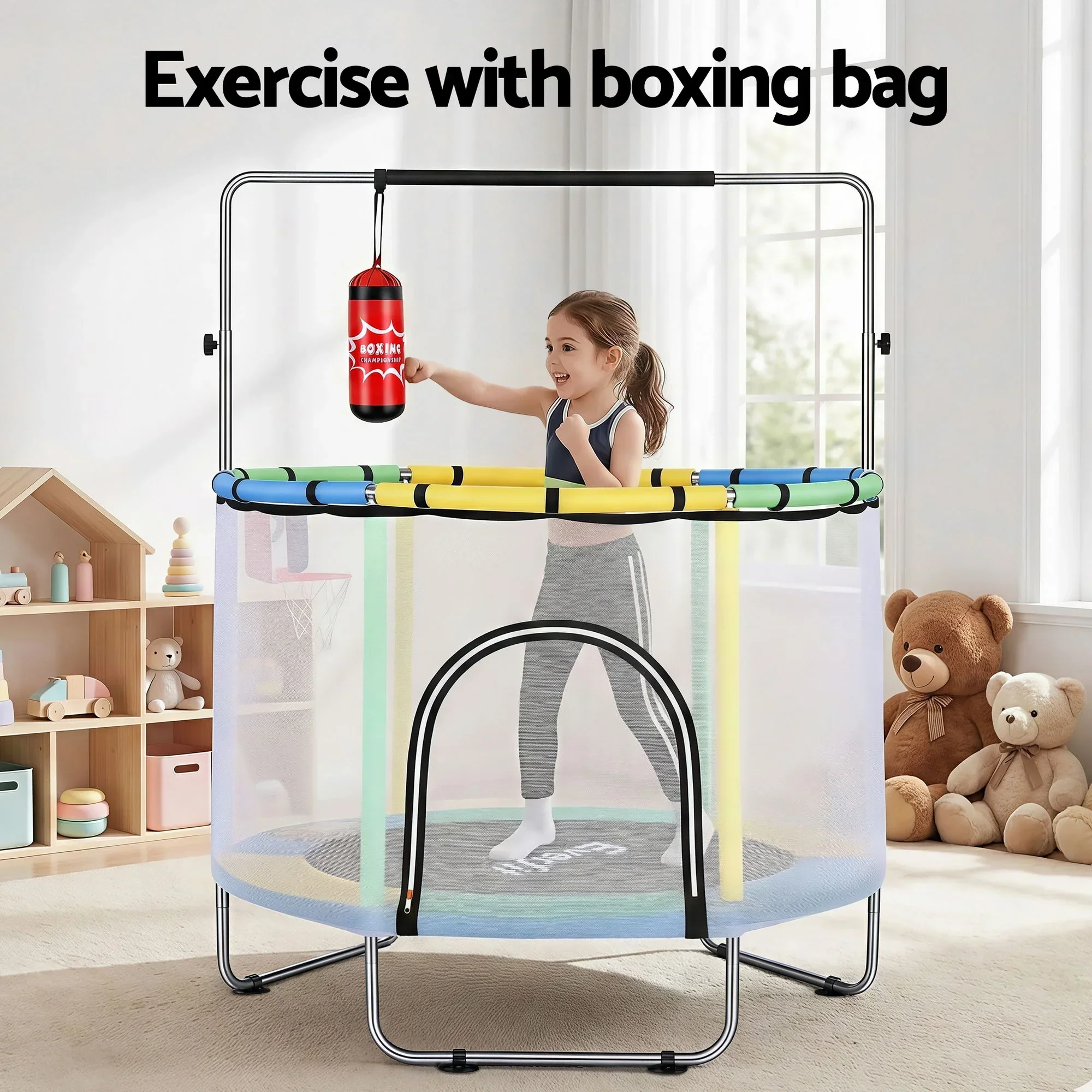55inch Trampoline Kids Rebounder with Basketball Set Sandbag Boxing Game - Image 3