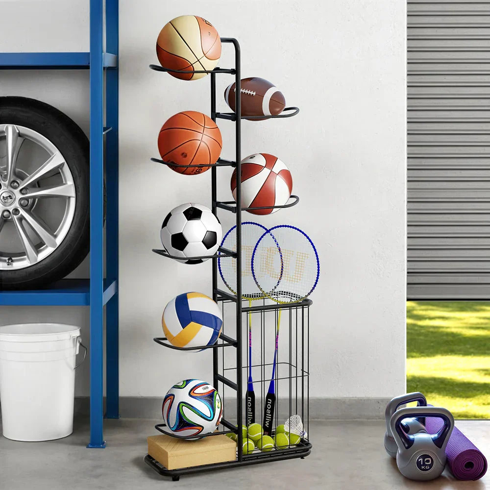 Ball Storage Rack Sports Equipment Organizer 7-Tier with Basket for Garage Gym Black - Image 5