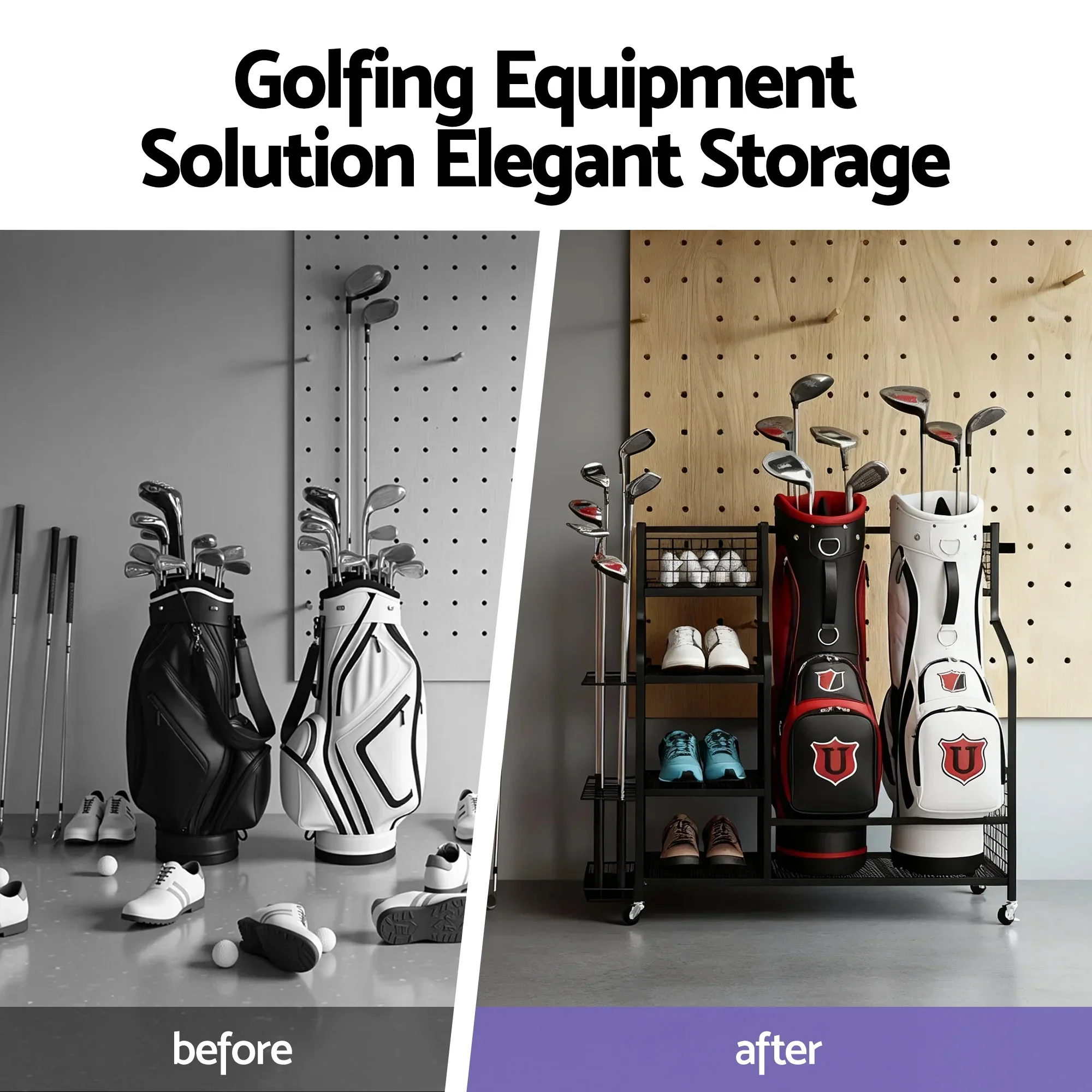 Golf Bag Storage Golf Storage Garage Organizer with Wheels Black - Image 5