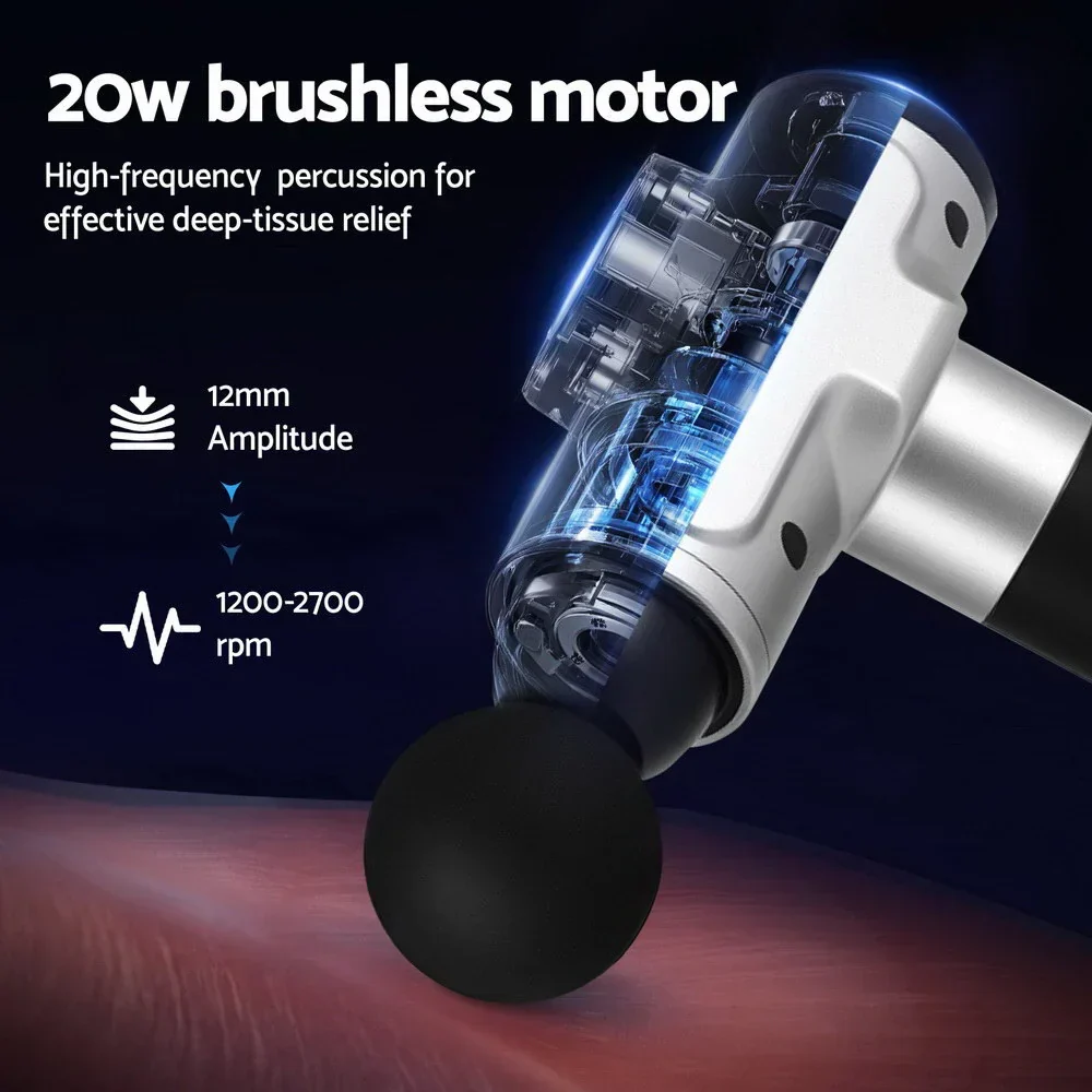 Massage Gun 30 Speed 6 Heads Vibration Muscle Massager Chargeable Silver - Image 3
