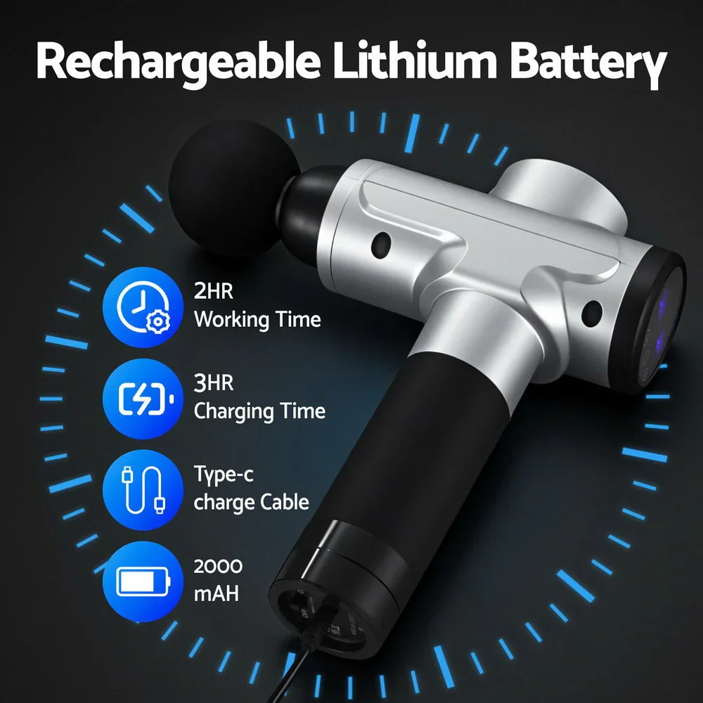 Massage Gun 30 Speed 6 Heads Vibration Muscle Massager Chargeable Silver - Image 4
